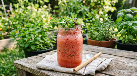Watermelon cucumber microgreens smoothie in a mason jar — a whole-food summer hydration recipe by Alice Benedetto, RN