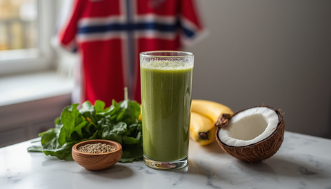 A plant-based green smoothie with spinach, banana, coconut, and hemp seeds on a marble surface with a Norway football jersey in the background — inspired by Erling Haaland's real food philosophy