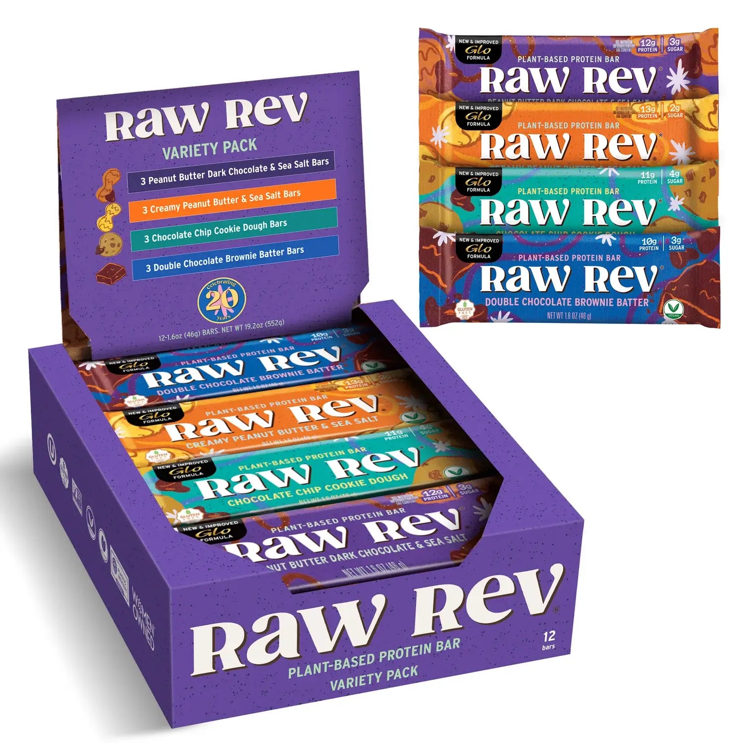 Raw Rev 12 Bar Variety Pack - Plant-Based Vegan Protein Bars